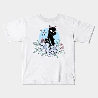 Spooky Black Cat In Flowers Kids T-Shirt